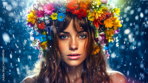 Close-up portrait of a young woman with long hair and wreath of flowers on her head, in the rain with drops on her face. On bright blurry nature background