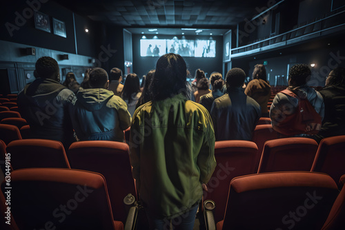 Lot of people in the seats in the hall of the cinema, theater look at the stage or screen, view from the back. Generative AI © aapsky