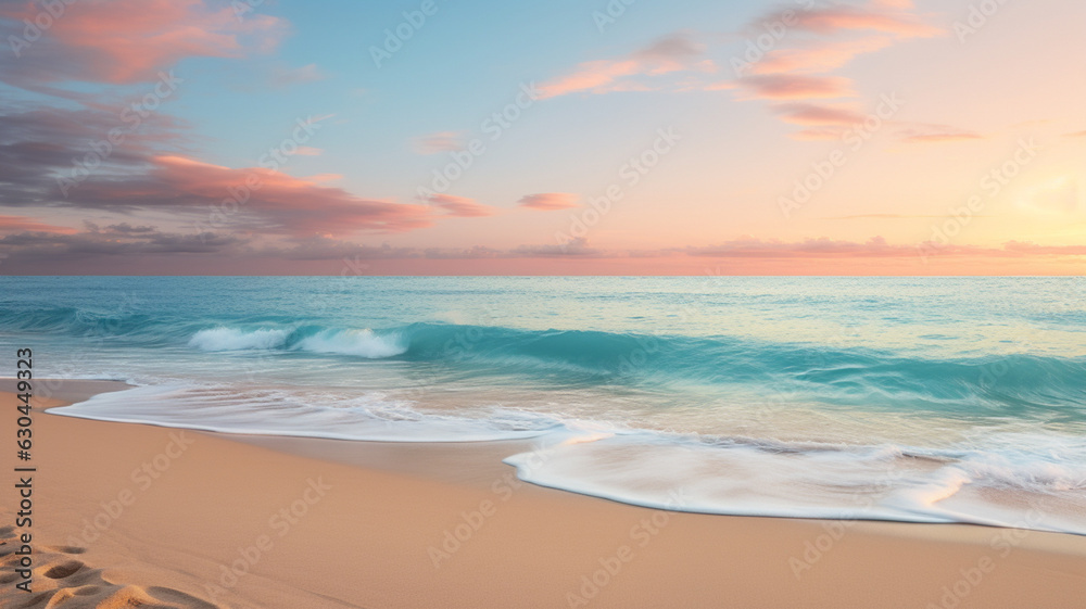 Golden sand with blue ocean. Beautiful tropical beach. White sand tropical paradise beach background summer vacation concept. Sea water against a white cloudy blue sky. Copy space.