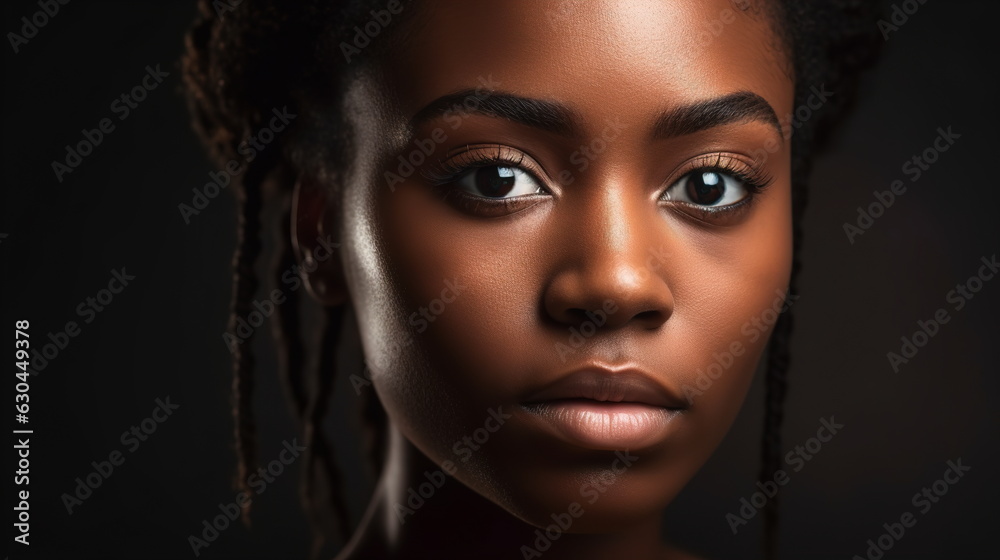 Close-up portrait of a young African American woman with expressive features against a dark background. Close-up portrait of a young African American woman with expressive features against a dark background.
