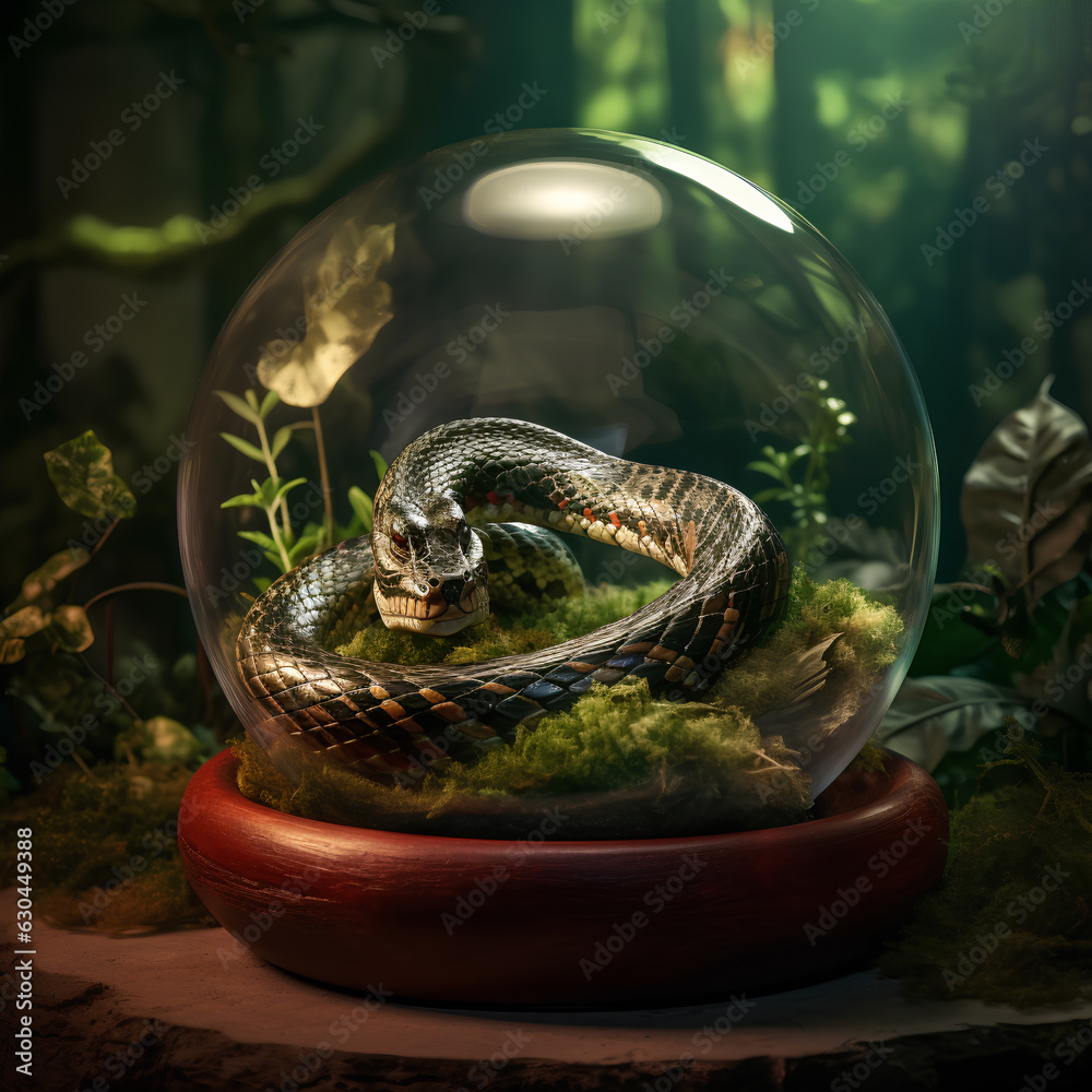 A snake inside a clear glass bowl on a dark green forest floor