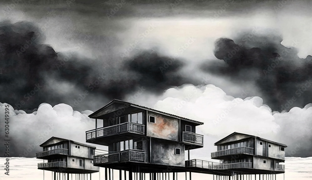 AI-generated illustration of waterfront homes, built on stilts to withstand flooding. MidJourney.
