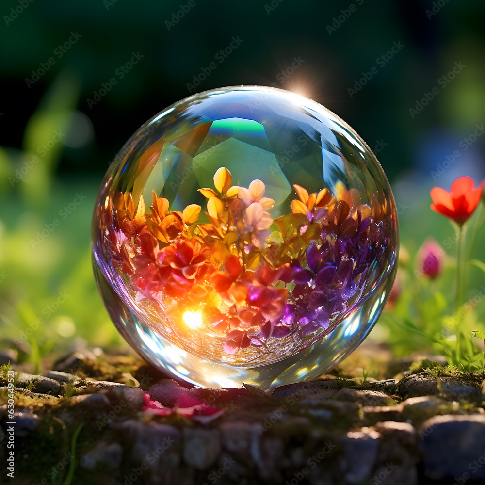 A beautiful glass sphere in the morning with small flowers inside