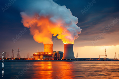 A nuclear power plant in a beautiful sunset. The colorful sunset is bringing this silhouette alive.