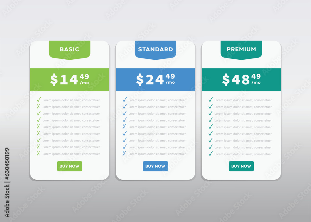  infographic Pricing plan. Minimalistic pricing plan comparison chart for web and mobile interface