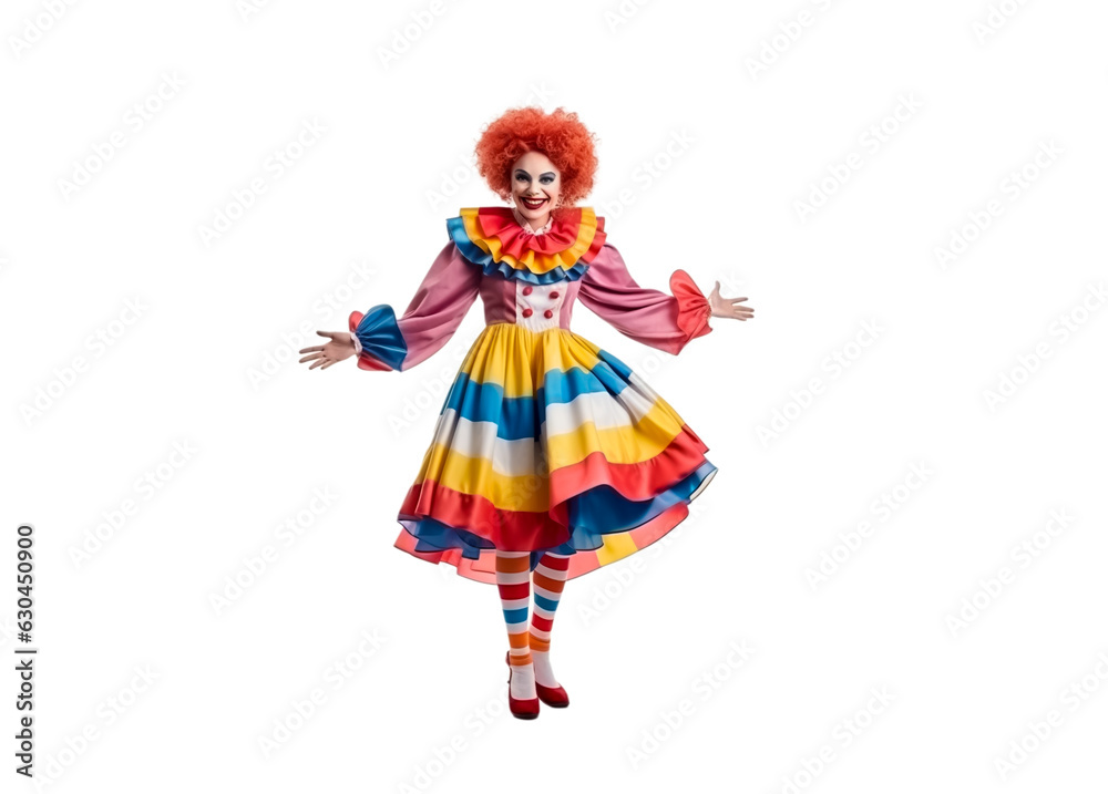 Female Clown from a circus in a colorful and fun costume. Smiling and looking joyful and funny. Isolated on white background. Illustrative Generative AI. Not a real person.