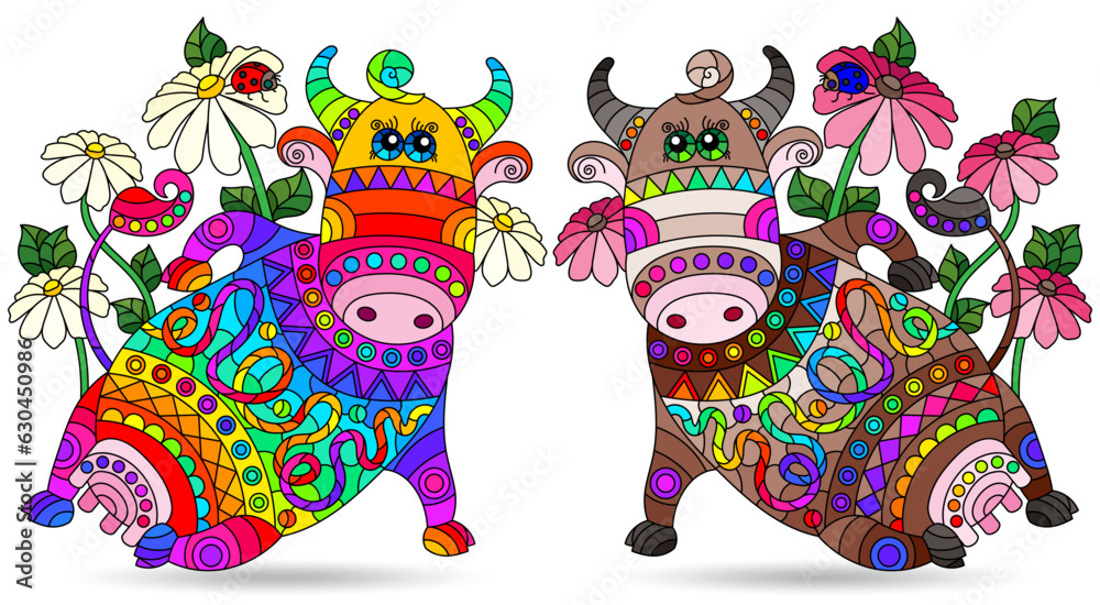 Naklejka premium A set of stained glass illustrations with cute cartoon cows, animals isolated on a white background