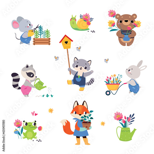 Cute Animals Gardener Working Cultivate Plants Vector Set