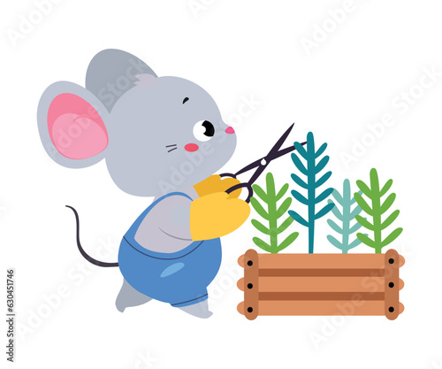 Cute Mouse Gardener Cut Plant with Pruner Vector Illustration