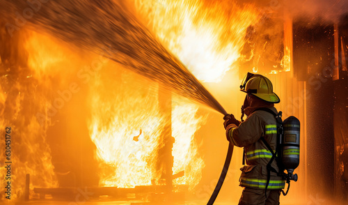 Fireman fights the fire, puts out a burning building. photo