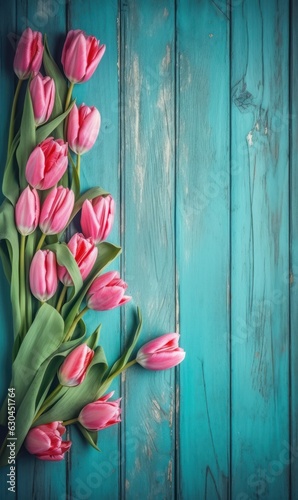 Bunch of pink, yellow and white tulips on a blue grunge wooden background.