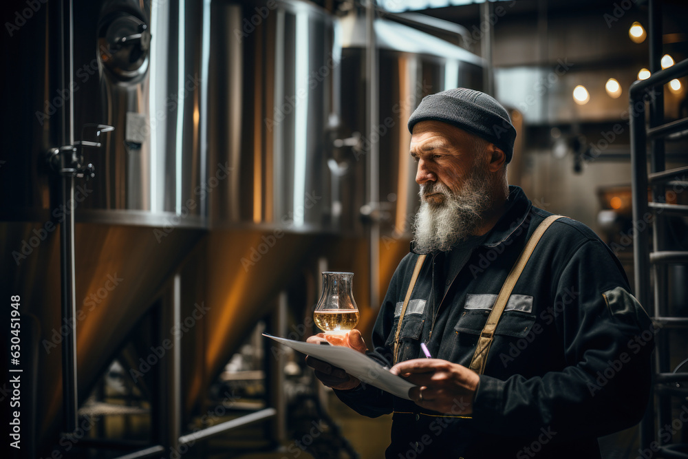 The brewer is standing in his brewery and checking the purity of the beer. The brewer is standing in his brewery and checking the purity of the beer.
