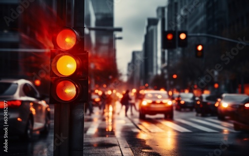 View of a Red Traffic Light at a Busy Intersection. AI
