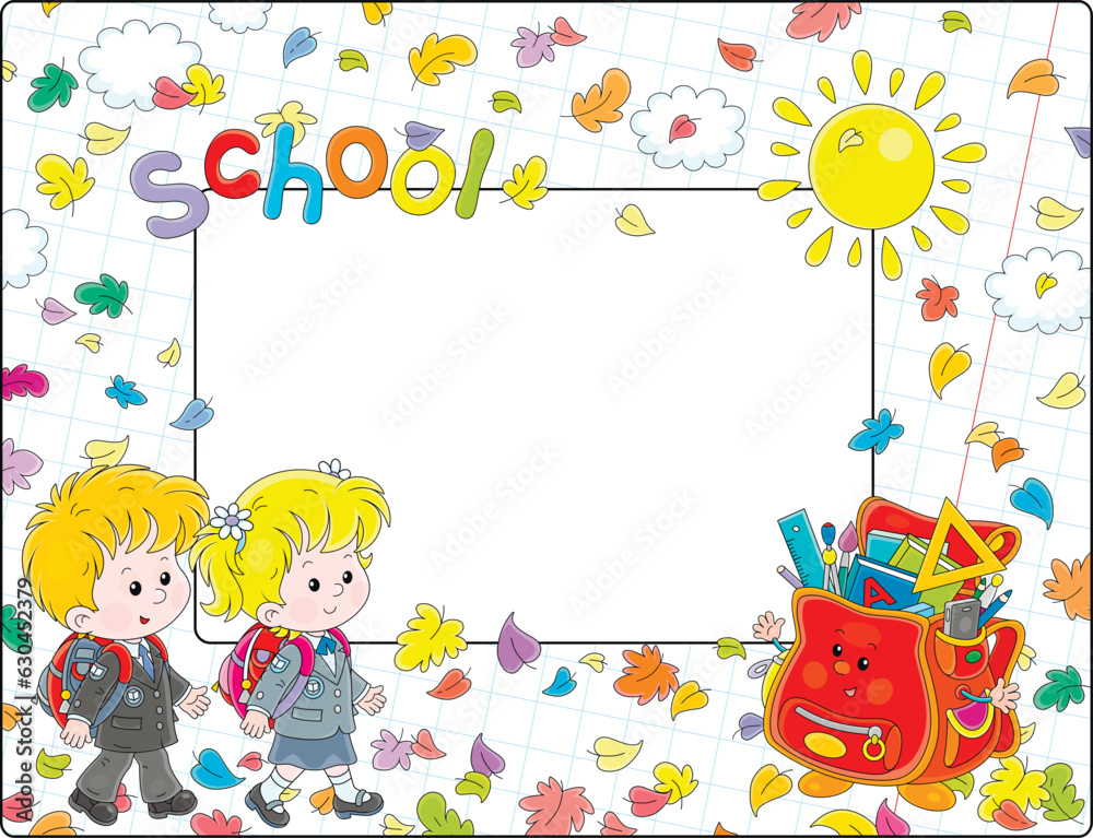Obraz premium Vector school frame border with funny little schoolchildren, a cartoon satchel, yellow sun and falling colorful autumn leaves