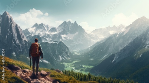 A mountaineer standing on a mountain with a large backpack  in full mountaineering gear and looking at the mountains
