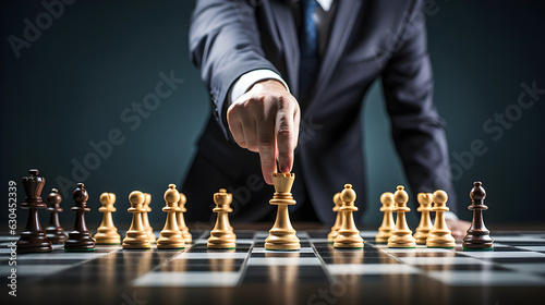 Fotografiet Businessman playing chess board game for development analysis new strategy planning and leader of teamwork concept