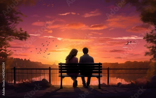 Romantic Couple Sitting on Bench at Sunset. AI © Usmanify