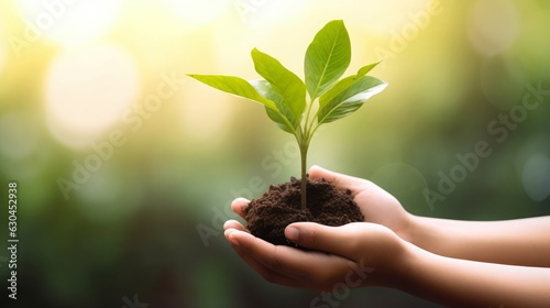 hand children holding young plant with sunlight on green nature background. concept eco earth day, Generative AI 