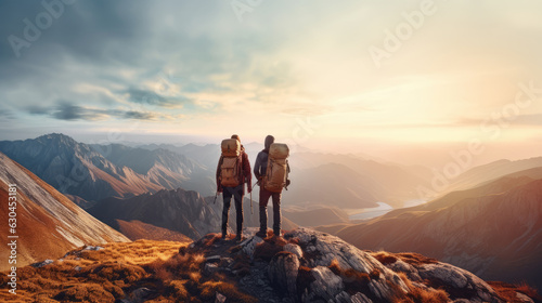 Fényképezés Two mountaineers standing on a mountain with large backpacks, in full mountainee