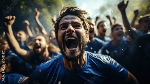 Soccer Football Championship: Blue Team Forward Attacks and Scores Goal, Win the Match, Players Happy, Celebrate Victory, Win Tournament. Sports