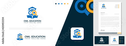 Modern style education logo design with owl character with business card and letterhead template. educational needs, teachers, and business enterprises