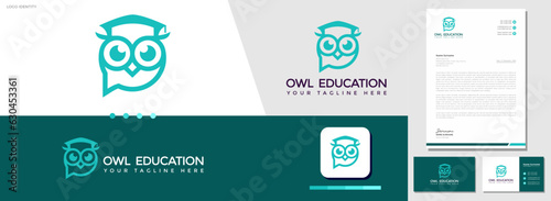 Modern style education logo design with owl character with business card and letterhead template. educational needs, teachers, and business enterprises