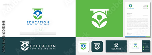 Modern style education logo design with owl character with business card and letterhead template. educational needs, teachers, and business enterprises