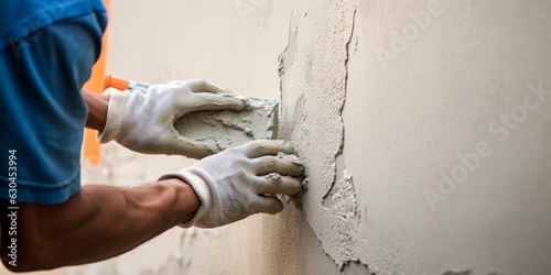 closeup hand of worker plastering cement at wall for building house, Generative AI 