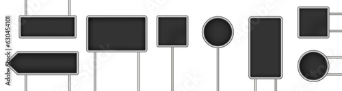 Set of black tablets  hanging panels  signboards with pointer isolated on a transparent background. Round and square signposts. 3D metal roadside pointers. Blank billboard