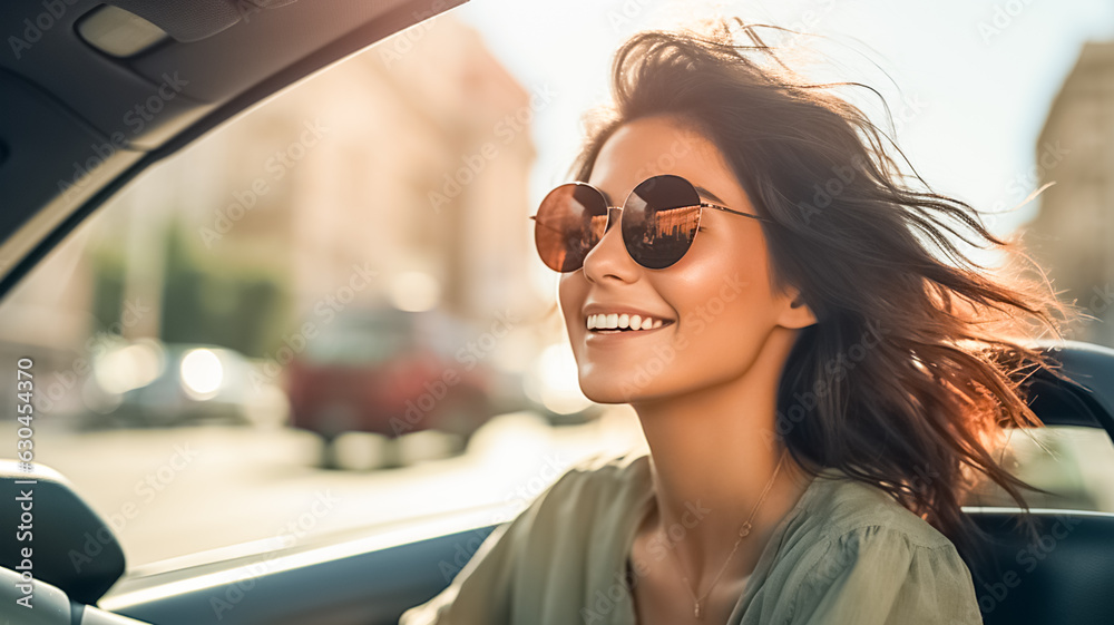 Portrait of cheerful beautiful young woman driving car through big sunny city. Woman in car. Portrait of cheerful beautiful young woman driving car through big sunny city. Woman in car.