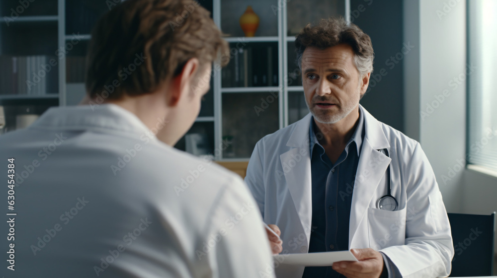A professional physician in a white medical uniform talks to discuss results or symptoms and gives a recommendation to a male patient and signs a medical paper at an appointment visit in the clinic - obrazy, fototapety, plakaty 