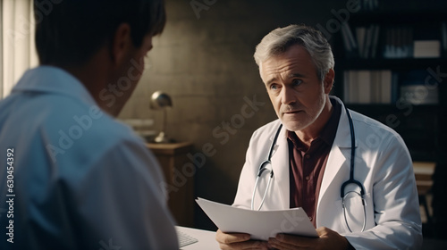 A professional physician in a white medical uniform talks to discuss results or symptoms and gives a recommendation to a male patient and signs a medical paper at an appointment visit in the clinic photo