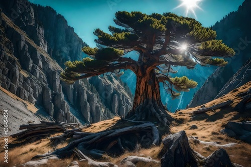old tree in the mountains in the morning generated by AI tool