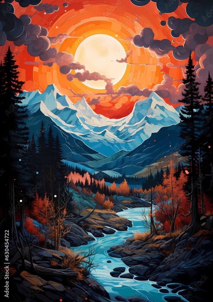 a painting with a moon over a mountain in a forest