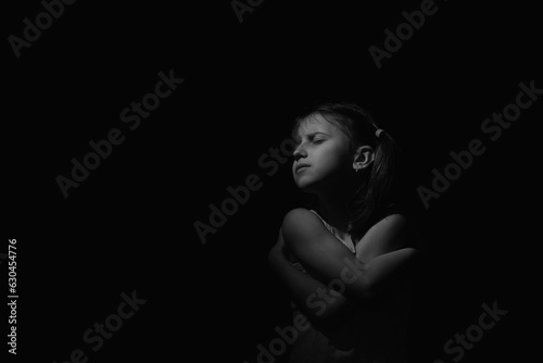 Children's anxieties and fears concept. Portraqit of sad unhappy little child girl feel lonely abandoned, outcast, children drama.