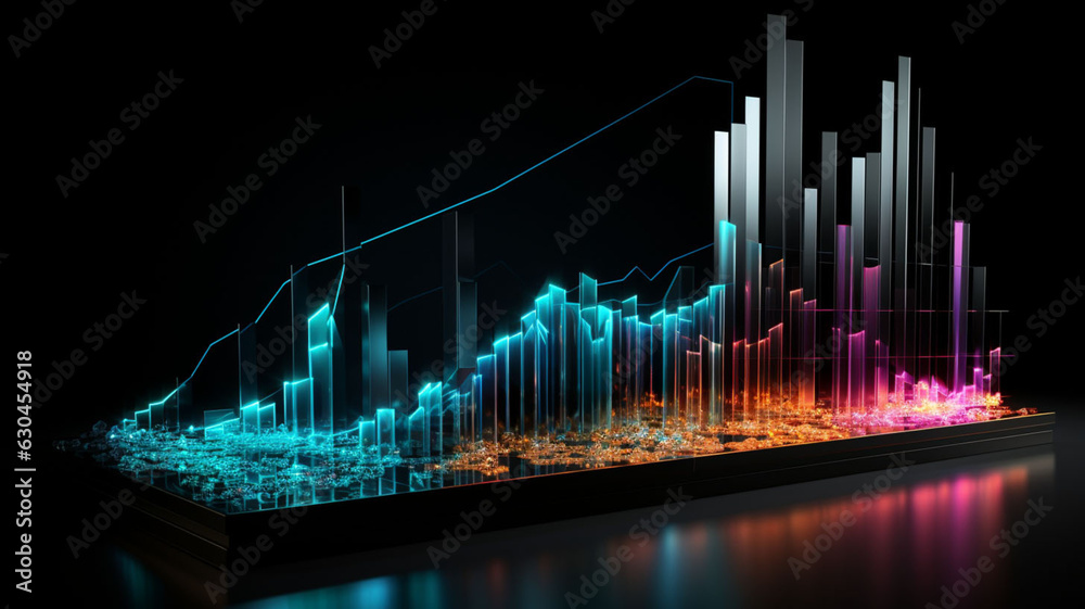 Spectrum Synthesis Holographic 3D Fintech Financial Charts with Dynamic Graphs and Cyberpunk-inspired Visuals in a Dazzling Color Spectrum