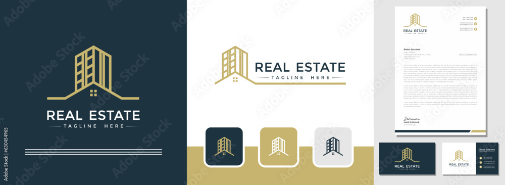 Fototapeta premium Modern style building real estate logo design with business card and letterhead template. the needs of construction, architecture, and business firms