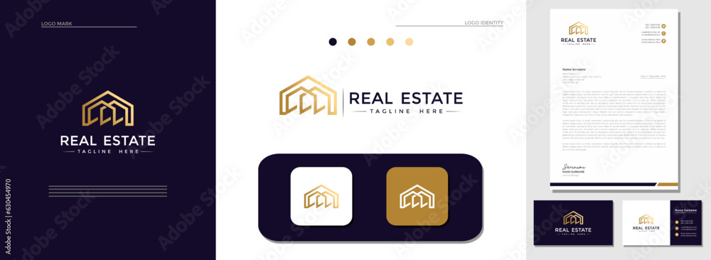Modern style building real estate logo design with business card and ...