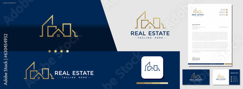 Modern style building real estate logo design with business card and letterhead template. the needs of construction, architecture, and business firms