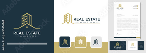 Modern style building real estate logo design with business card and letterhead template. the needs of construction, architecture, and business firms