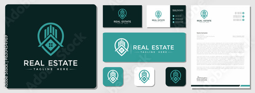 Modern style building real estate logo design with business card and letterhead template. the needs of construction, architecture, and business firms