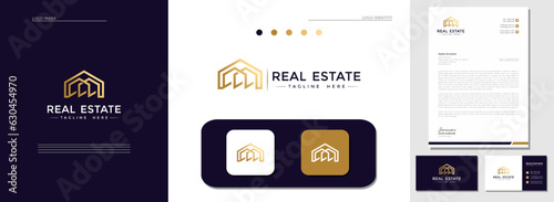Modern style building real estate logo design with business card and letterhead template. the needs of construction, architecture, and business firms