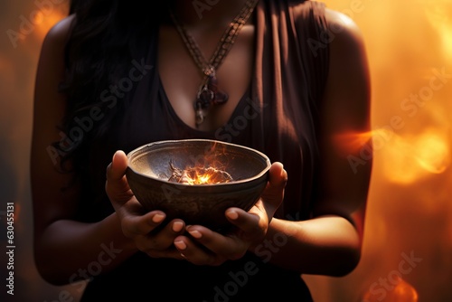 A magical image of a female torso holding a tibetan singing bowl with light coming out of it. orange sunlight and sunset behind. Generative AI technology