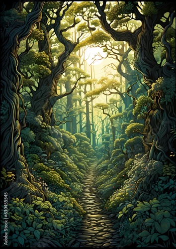 a poster with trees and a dirt path