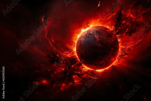 Hellscape - A Devastating Realm of Burning Flames and Heat with Fiery Demons, Red Sun and Planetary Bodies in the Background. Generative AI