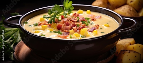 A bowl of chowder made with potatoes, ham, bacon, and sweetcorn. It is garnished with chopped parsley and ground black pepper. In the background, there are two bowls, and in the front, ladle. copy