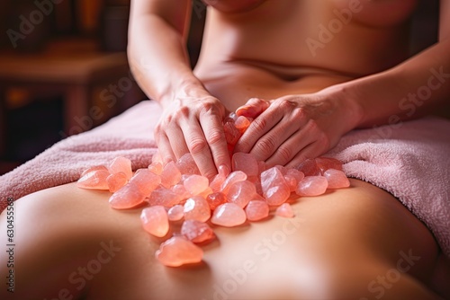 Himalayan Salt Stone Massage: Woman Relaxing with Back Treatment at Spa. Beauty Care and Body Therapy for Ultimate Relaxation. Generative AI