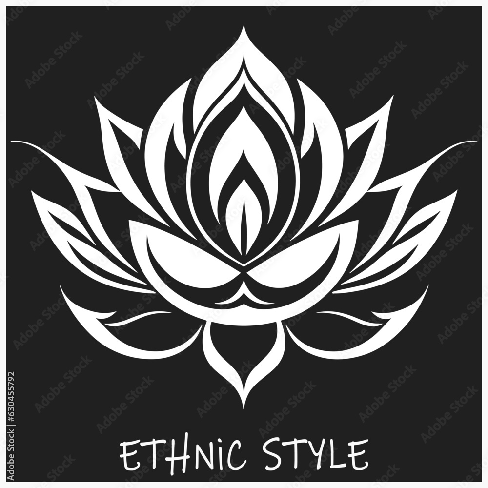 Ethnic decorative lotus flower pattern, black white template, tattoo, logo, stencil on a black isolated background. National symbol of India. Ethnic decorative lotus flower pattern, black white template, tattoo, logo, stencil on a black isolated background. National symbol of India.
