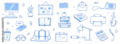 Office work doodle set. Office computer, work desk, notebook doodle icon. Hand drawn blue sketch style illustration. Business, school education hand drawn elements. Vector illustration.