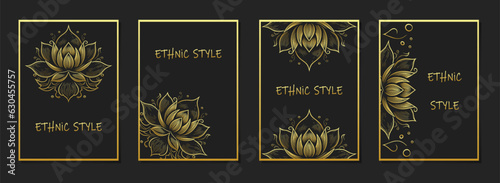 Cover set, vertical templates. Collection of geometric black backgrounds with ethnic tribal outline pattern of golden lotus, the national symbol of India.